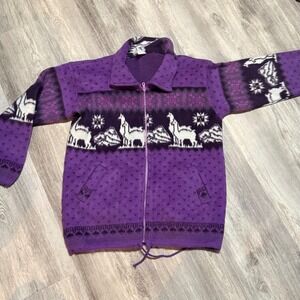 Tuntaquimba Wool Alpaca Llama Purple Zip Up Jacket Sweater Women's Medium
